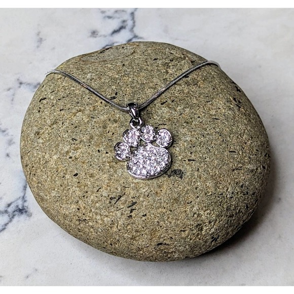 Paw Print Necklace White Gold Plated Pendant with Crystals - Picture 3 of 8